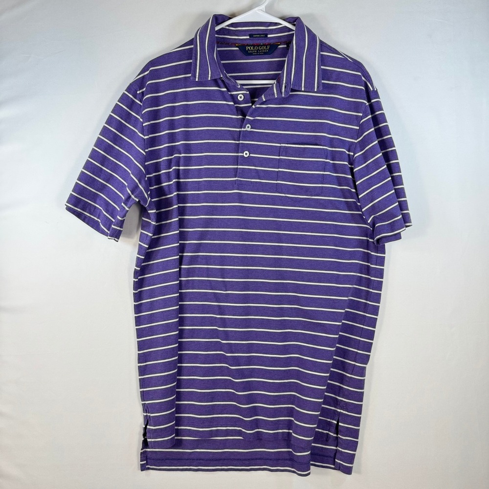 Polo Golf Ralph Lauren Mens Large Purple Striped Vintage Lisle Polo Shirt Pocket